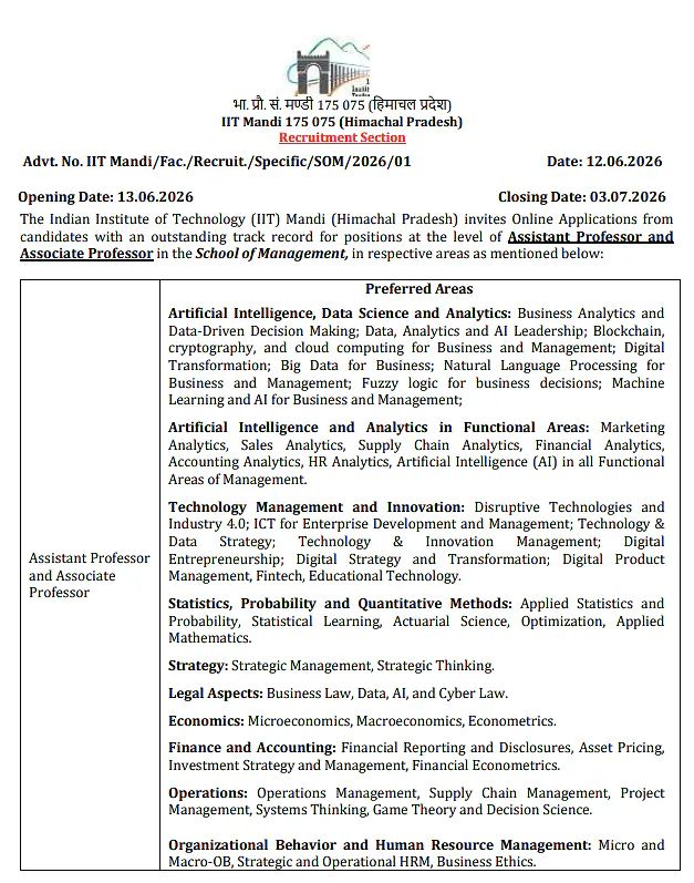 IIT Mandi Invites Applications for Assistant Professor and Associate Professor Positions in School of Management