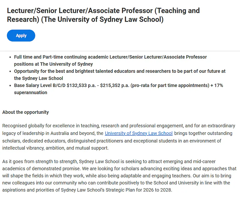 University of Sydney Recruitment 2026 -  Lecturer / Senior Lecturer / Associate Professor 