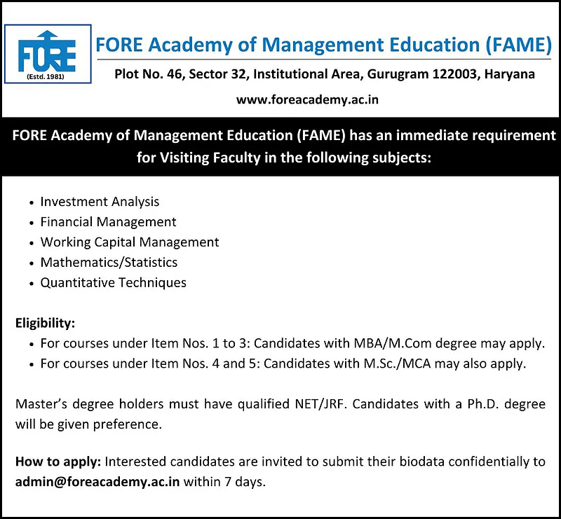 Visiting Faculty Hiring at FORE School of Management, Gurugram