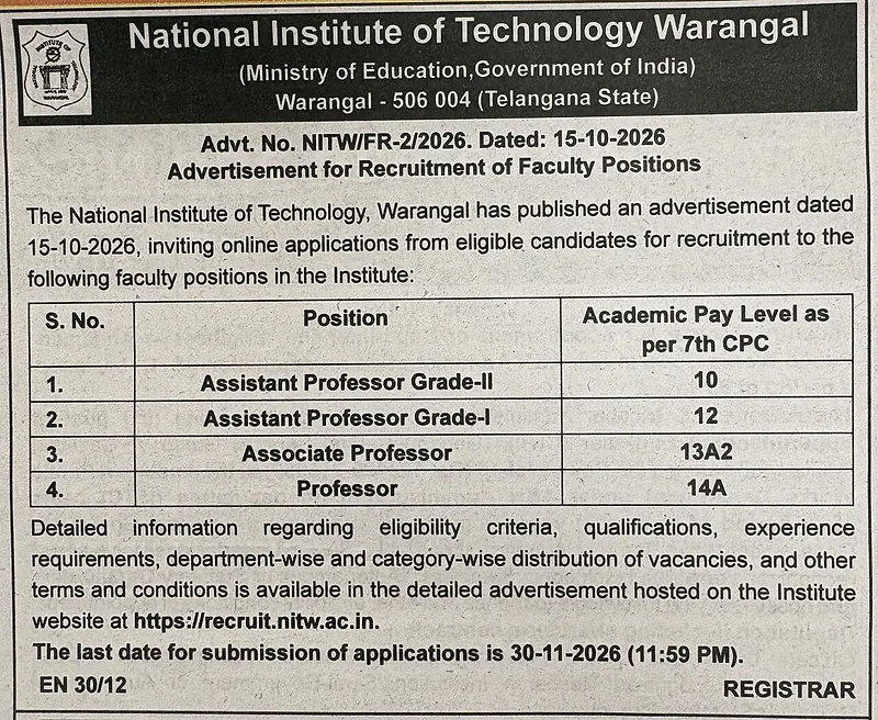NIT Warangal Faculty Recruitment 2026 – Assistant Professor, Associate Professor and Professor Positions