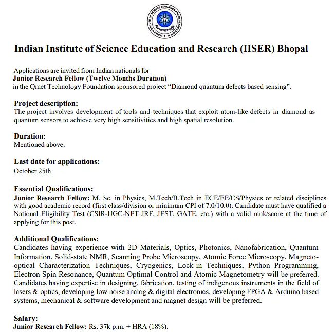 Junior Research Fellow (JRF) Recruitment 2026 at IISER Bhopal – Quantum Sensing Research Project