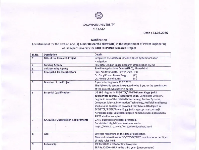 Research Recruitment 2026: Jadavpur University (JU)