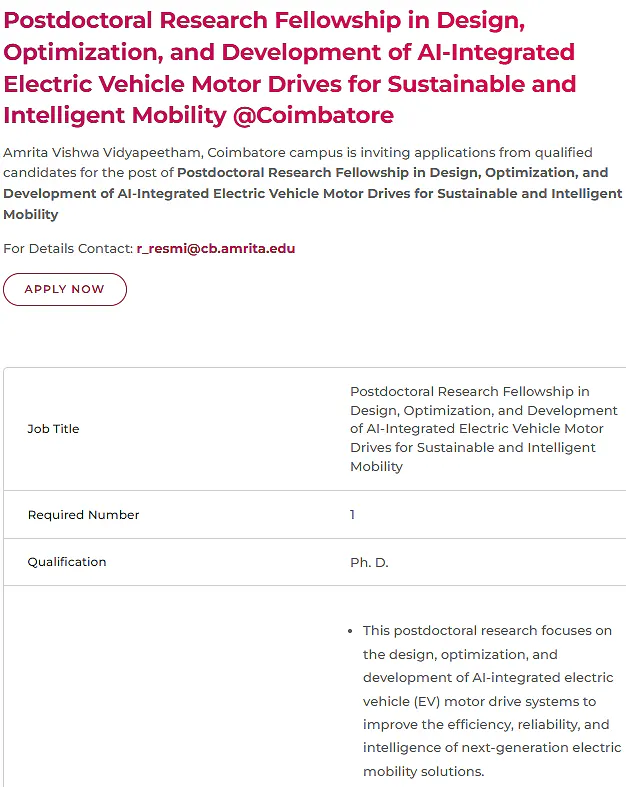 Postdoctoral Research Fellowship Recruitment 2026 at Amrita Vishwa Vidyapeetham – AI-Integrated Electric Vehicle Motor Drives