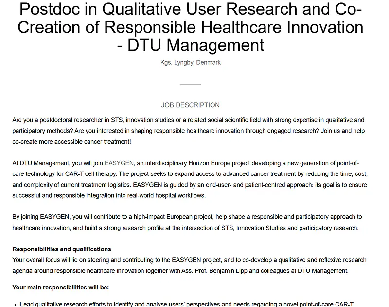 DTU Recruitment 2026: Postdoc in Qualitative User Research and Co-Creation of Responsible Healthcare Innovation |