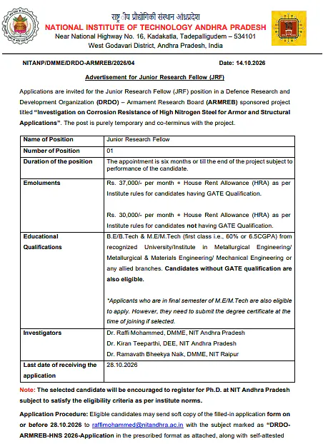 NIT Andhra Pradesh Junior Research Fellow (JRF) Recruitment 2026 – DRDO-ARMREB Sponsored Project