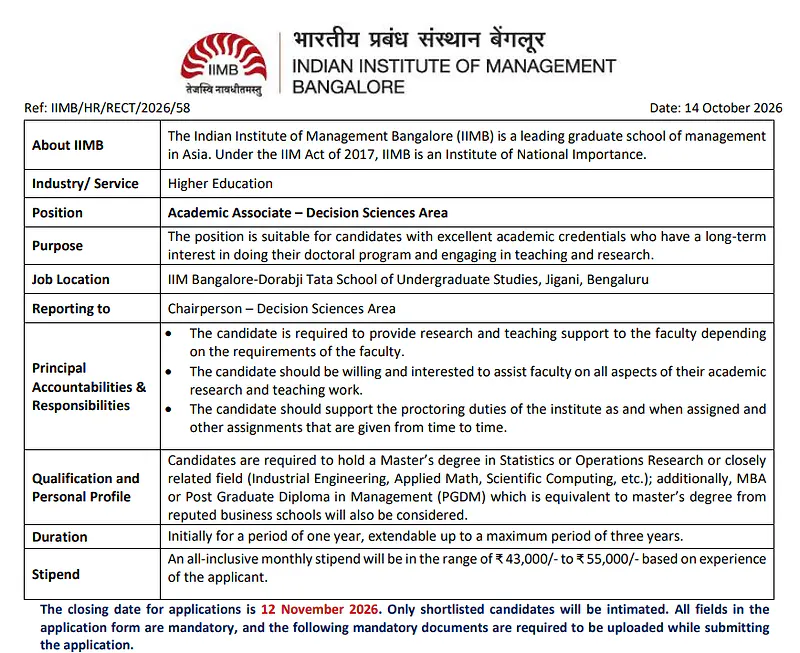Academic Associate – Decision Sciences Area Recruitment 2026 at IIM Bangalore | Apply by 12 November