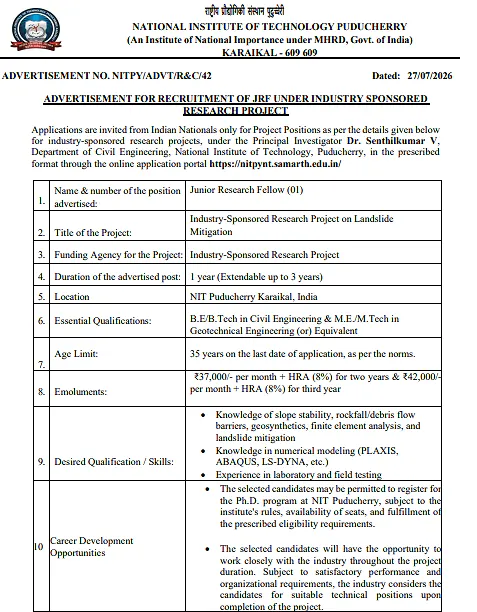 NIT Puducherry Junior Research Fellow Recruitment 2026