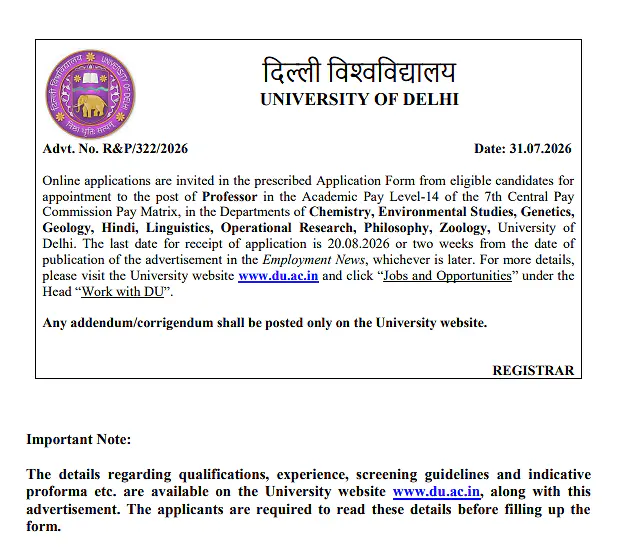 University of Delhi Professor Recruitment 2026