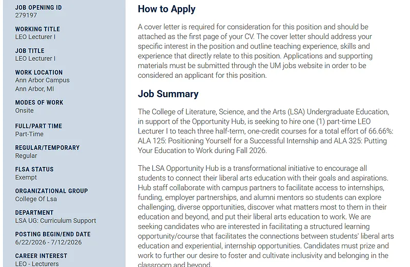University of Michigan Recruitment 2026: LEO Lecturer I (Part-Time)