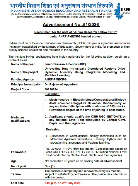 IISER Tirupati JRF Recruitment 2026: Apply for Junior Research Fellow Position