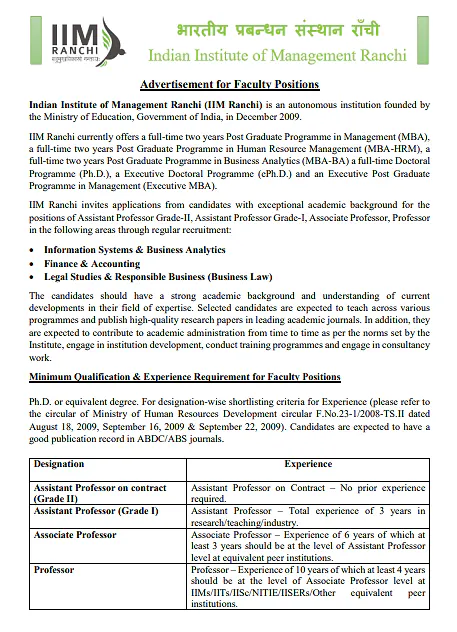 IIM Ranchi Faculty Recruitment 2026 | Assistant Professor, Associate Professor & Professor Vacancies