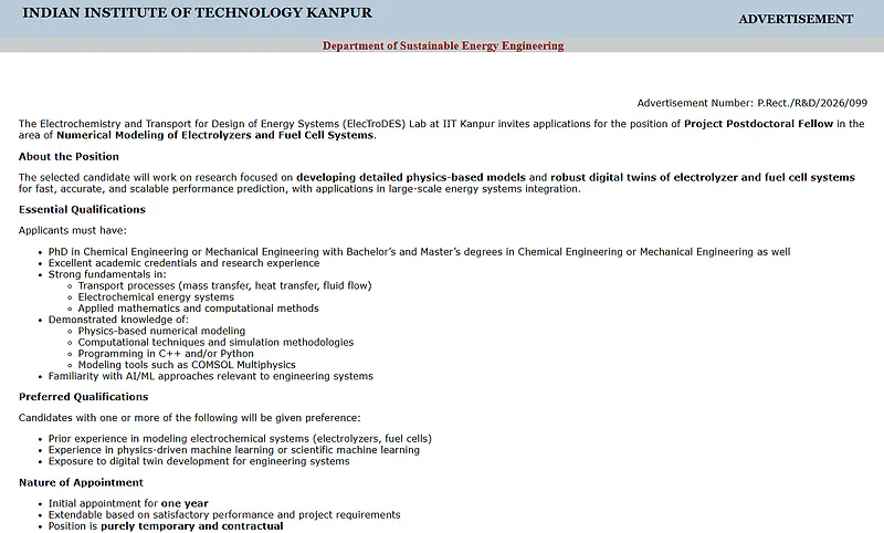IIT Kanpur Recruitment 2026 | Project Postdoctoral Fellow – Sustainable Energy Engineering