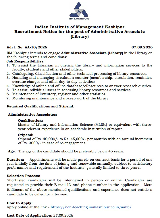 Administrative Associate (Library) Recruitment 2026 at IIM Kashipur – Contractual Opportunity