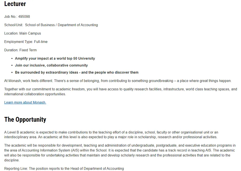 Monash University Lecturer Recruitment: Accounting Information Systems