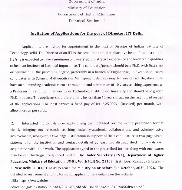 IIT Delhi Director Recruitment 2026 – Ministry of Education Invites Applications