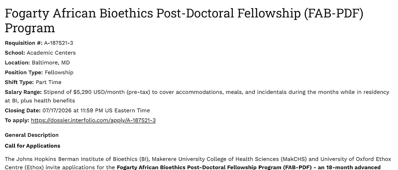 Fogarty African Bioethics Post-Doctoral Fellowship (FAB-PDF) Program 2026