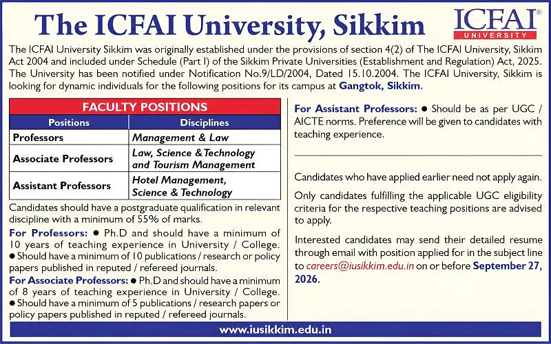 Faculty Recruitment 2026: The ICFAI University Sikkim