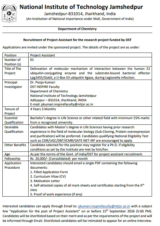 Project Assistant Recruitment 2026 at NIT Jamshedpur – DST-Funded Molecular Biology Research Project