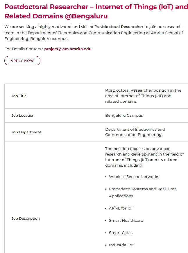 Amrita Vishwa Vidyapeetham Recruitment 2026 | Postdoctoral Researcher in Internet of Things (IoT) and Related Domains