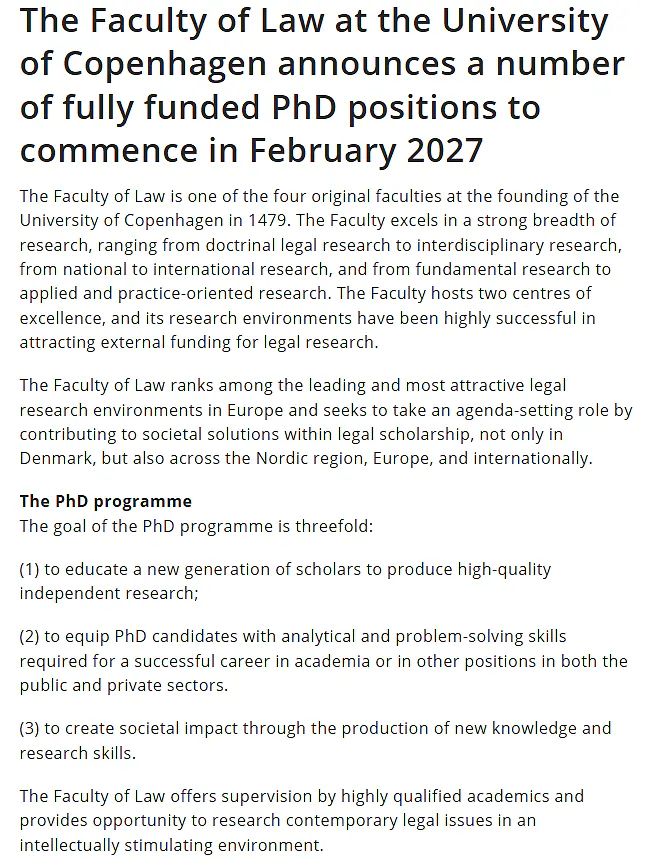 University of Copenhagen PhD Positions 2027: Fully Funded PhD Opportunities at the Faculty of Law | 