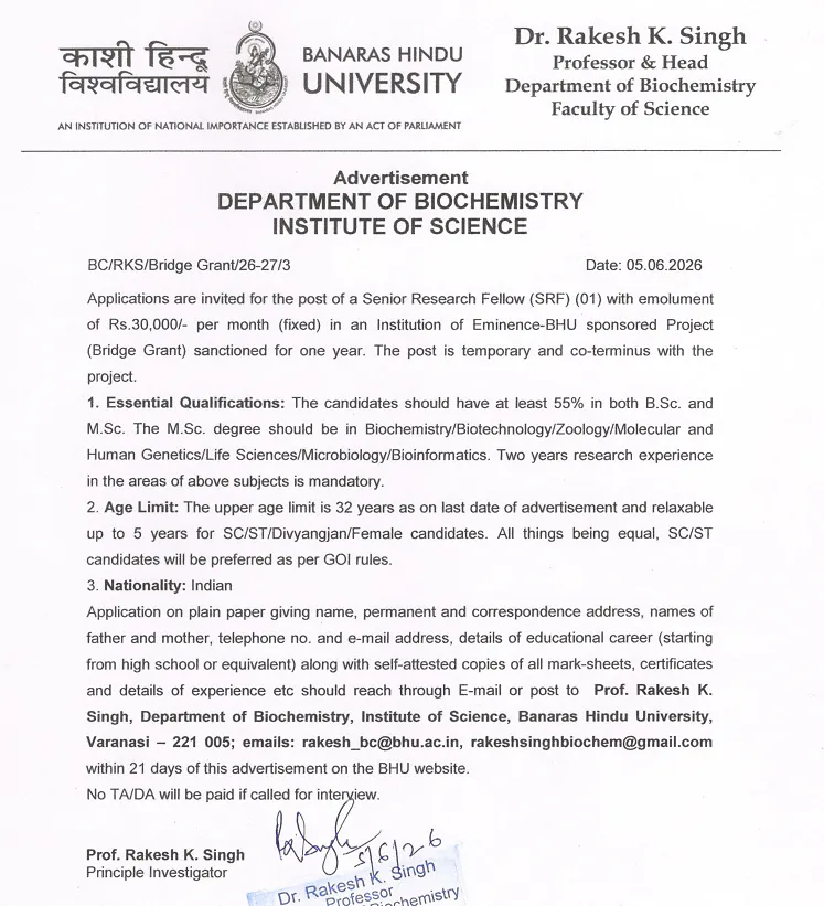 Senior Research Fellow (SRF) Recruitment 2026 at Banaras Hindu University (BHU)