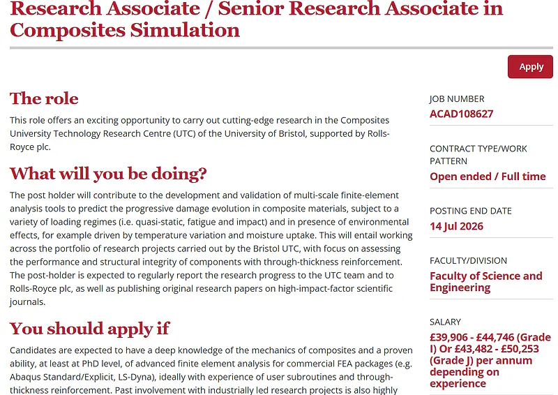 University of Bristol Recruitment 2026: Research Associate / Senior Research Associate in Composites Simulation