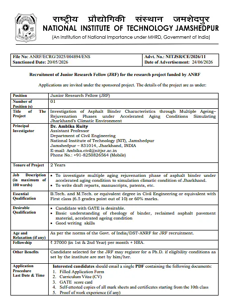 Junior Research Fellow (JRF) Recruitment 2026 | National Institute of Technology Jamshedpur (NIT Jamshedpur)