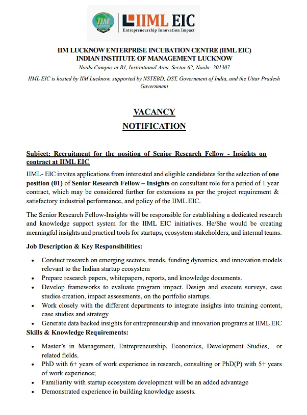 IIM Lucknow Enterprise Incubation Centre Invites Applications for Senior Research Fellow 