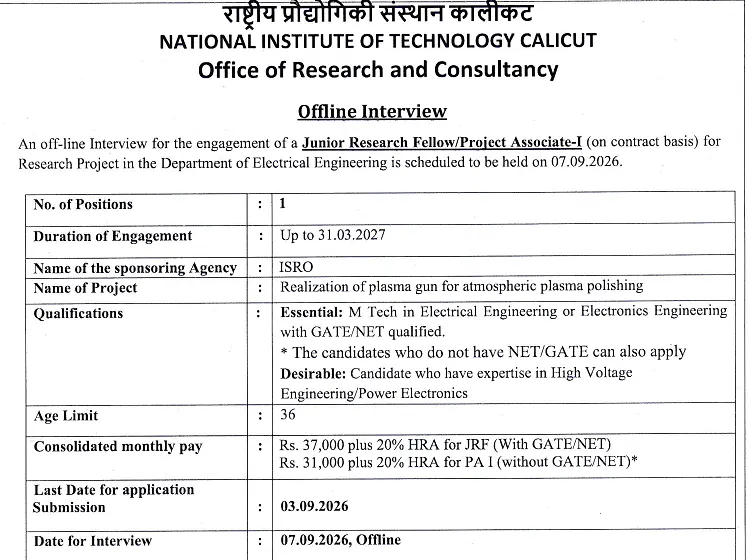 Junior Research Fellow / Project Associate-I Recruitment 2026 at NIT Calicut – ISRO-Sponsored Research Project