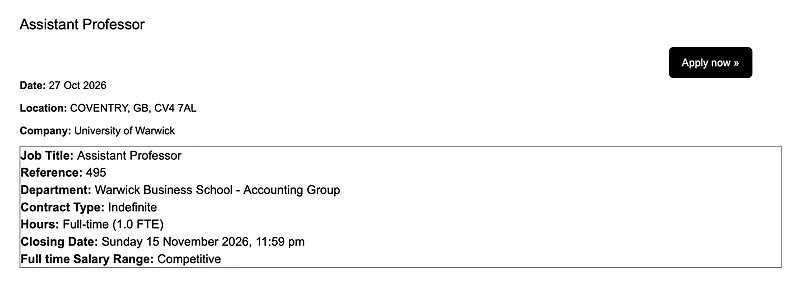 Faculty Opportunity: Assistant Professor in Accounting – University of Warwick