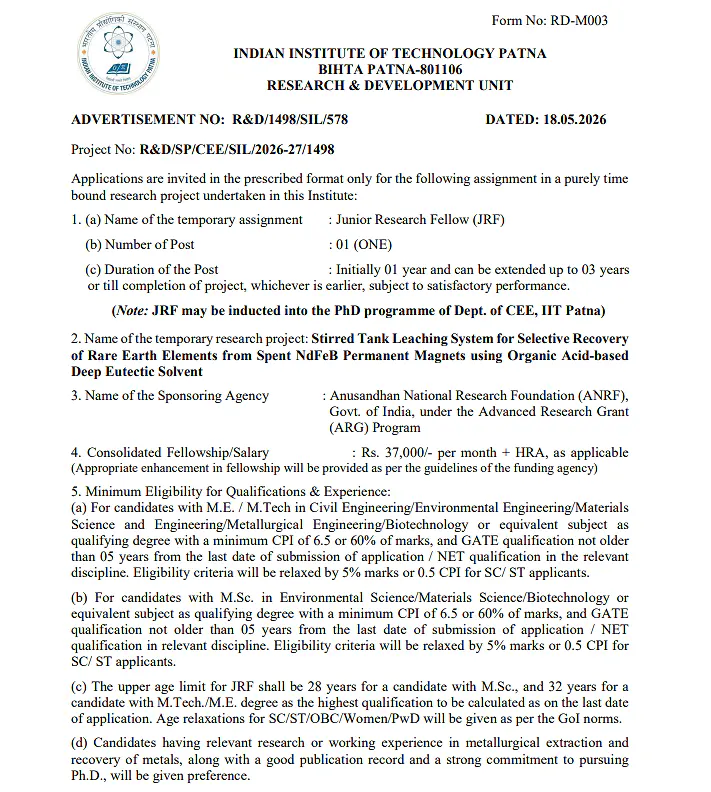 IIT Patna Recruitment 2026: Junior Research Fellow (JRF) 