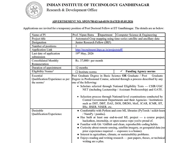  IIT Gandhinagar JRF Recruitment 2026 - Junior Research Fellow (JRF) 