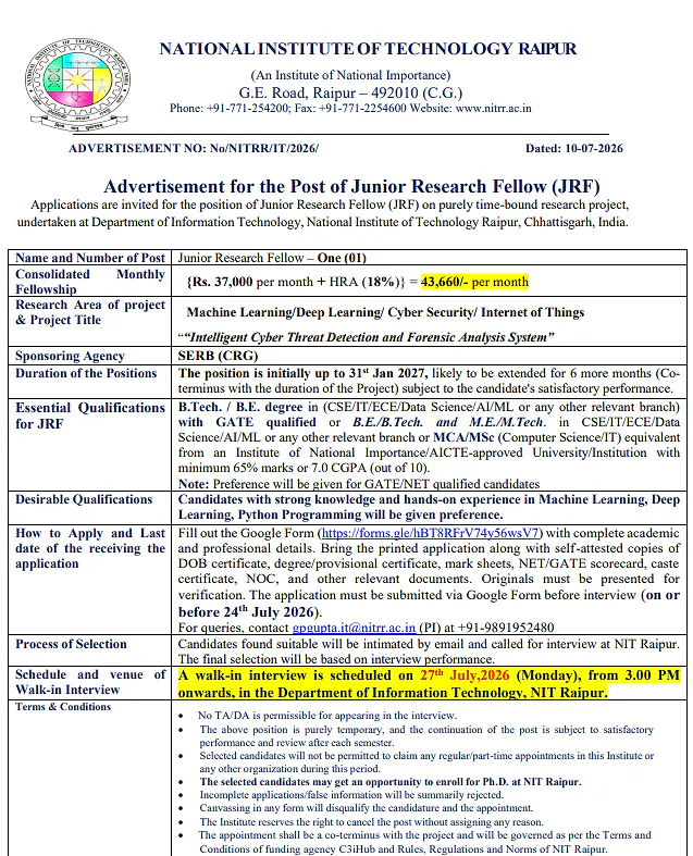 NIT Raipur JRF Recruitment 2026: Junior Research Fellow (JRF) Vacancy | 
