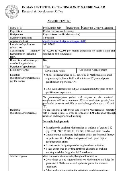 IIT Gandhinagar Project Associate II (Mathematics) Recruitment 2026 – Centre for Creative Learning