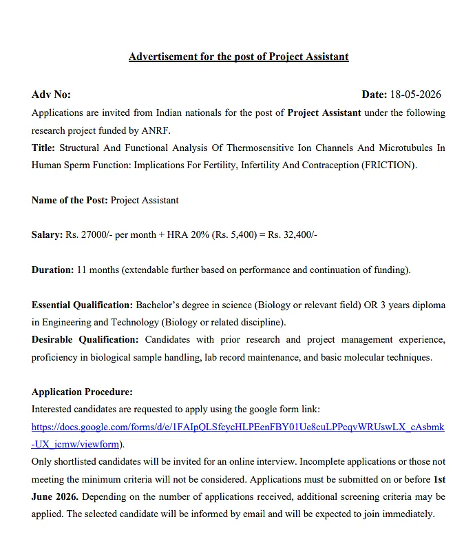 Job Opportunity: Project Assistant at IISER Bhopal (ANRF Funded Project)