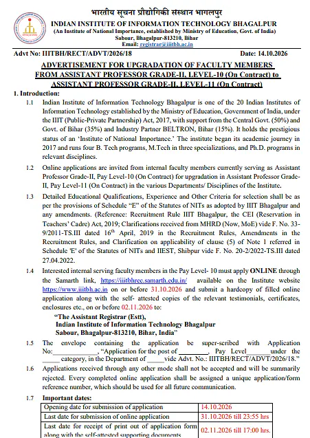 Faculty Upgradation Recruitment 2026 at IIIT Bhagalpur – Assistant Professor Grade-II, Level-11 (On Contract)