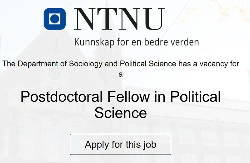 NTNU Postdoctoral Fellowship 2026 in Political Science