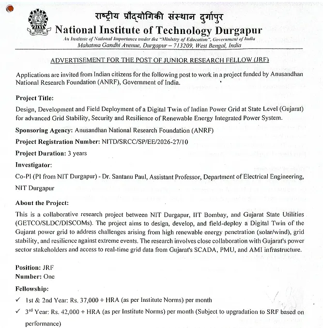 NIT Durgapur JRF Recruitment 2026 under ANRF Project