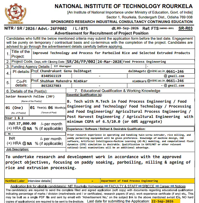 Junior Research Fellow (JRF) Recruitment 2026 at NIT Rourkela – Apply via Email