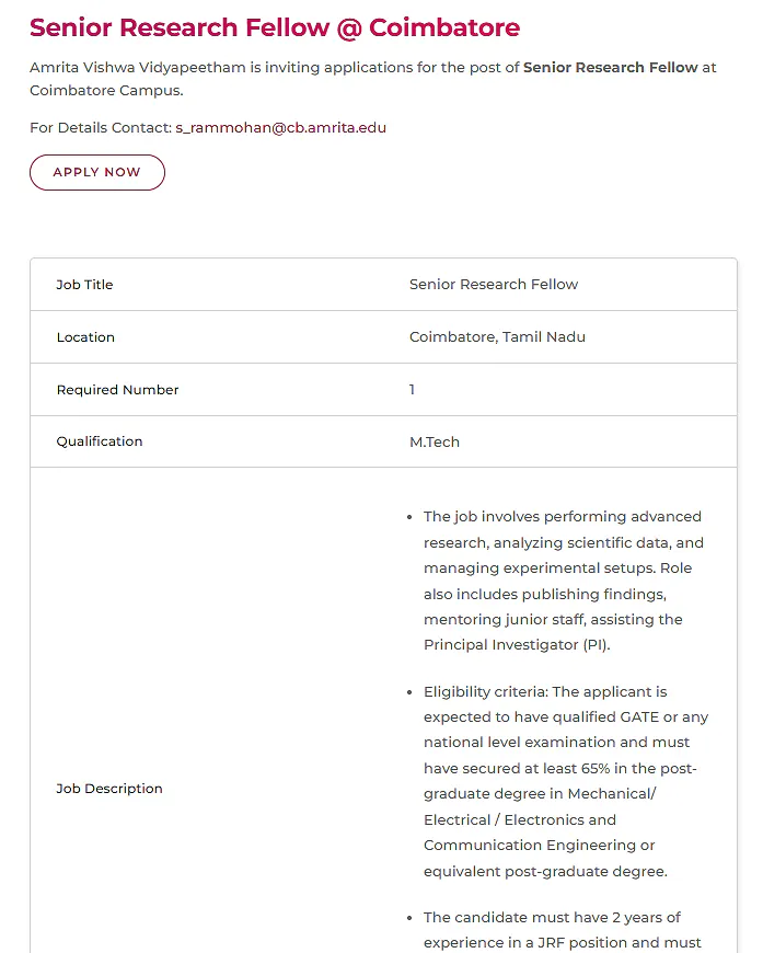 Senior Research Fellow (SRF) Recruitment 2026 at Amrita Vishwa Vidyapeetham, Coimbatore