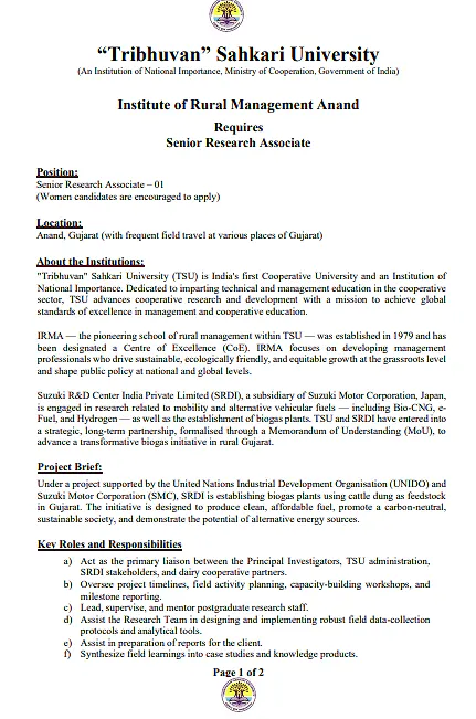 Tribhuvan Sahkari University Recruitment 2026: Senior Research Associate Position at IRMA, Anand