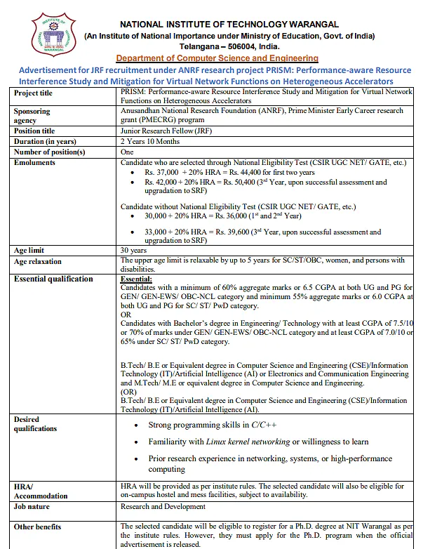 NIT Warangal JRF Recruitment 2026: Junior Research Fellow Position Under ANRF Project