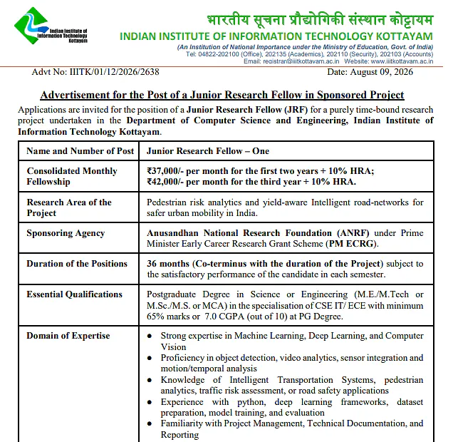 IIIT Kottayam JRF Recruitment 2026 Under ANRF-Sponsored Research Project