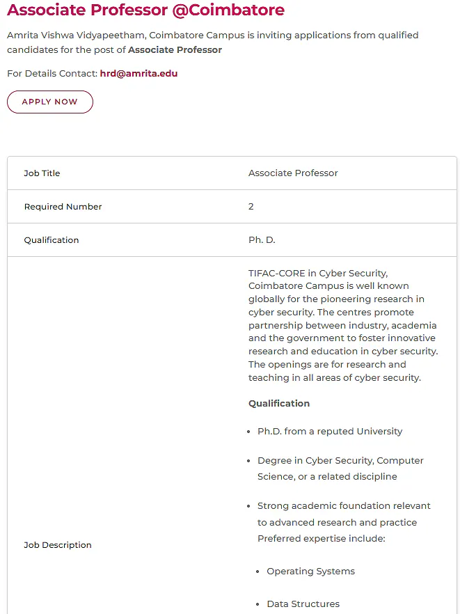 Associate Professor Recruitment 2026 at Amrita Vishwa Vidyapeetham – Cyber Security, Coimbatore Campus