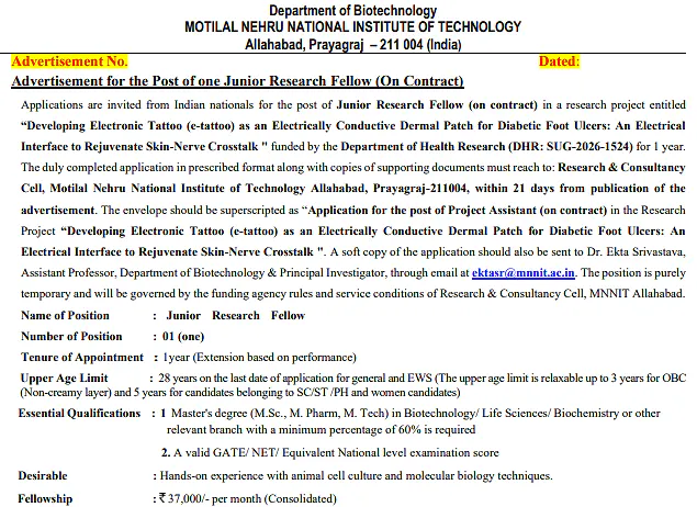 MNNIT Allahabad Junior Research Fellow Recruitment 2026 – Biotechnology Research Project