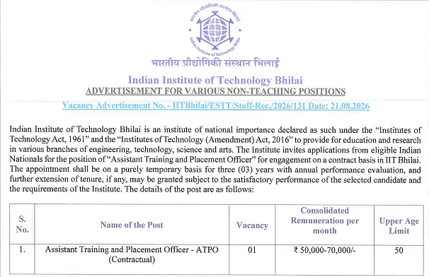 Assistant Training and Placement Officer Recruitment 2026 at IIT Bhilai – Contractual Non-Teaching Position
