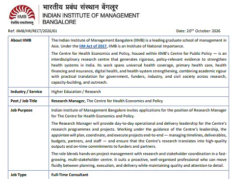 IIM Bangalore Recruitment 2026 – Research Manager at the Centre for Health Economics and Policy
