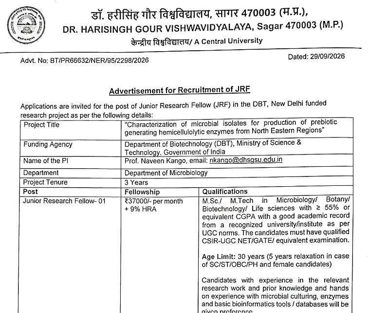 Junior Research Fellow (JRF) Recruitment 2026 – Dr. Harisingh Gour Vishwavidyalaya