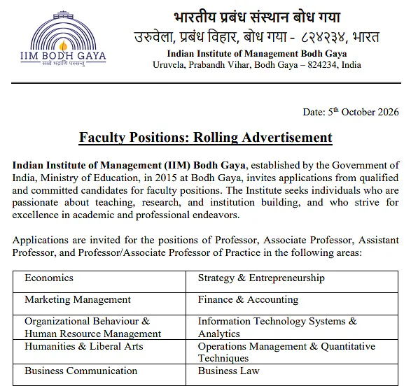 Faculty Recruitment 2026 at IIM Bodh Gaya – Professor, Associate Professor, Assistant Professor & Professor of Practice