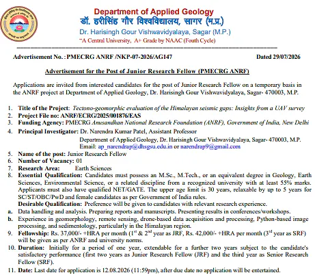 Dr. Harisingh Gour Vishwavidyalaya JRF Recruitment 2026